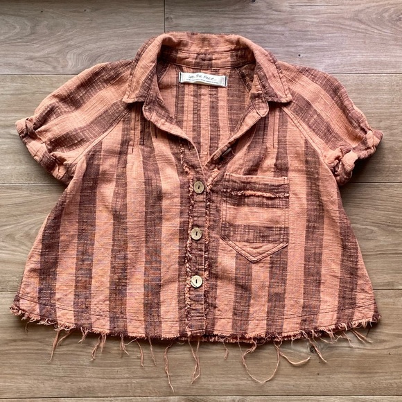 Free People Tops - Free People Peach and Brown Striped Button-Down Shirt